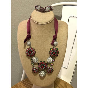 Ann Taylor Red Crystal Statement Flower Ribbon Necklace 13-14” Bracelet Set